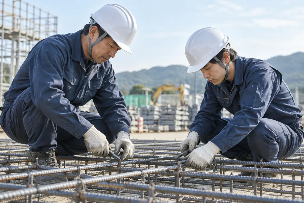 協力して鉄筋を組み立てる職人のイメージ
